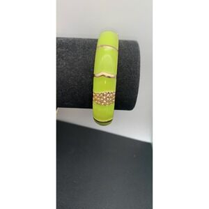 Gold Tone & Bright Green Enamel Rhinestone Bangle Hinged Clamper Bracelet